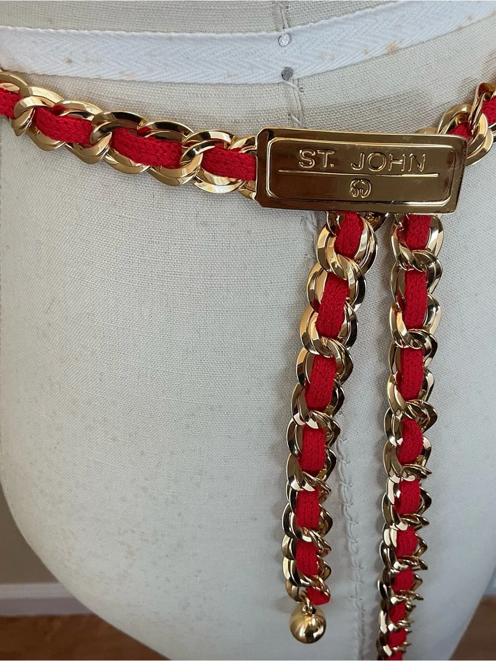 St. John Red and Gold Adjustable Braided Chain Belt with Logo Plate